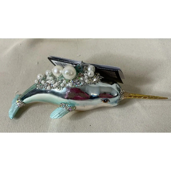 Robert Stanley Blown Glass Glitter Pearls Narwhal Christmas Holiday Ornament NEW - Picture 1 of 4